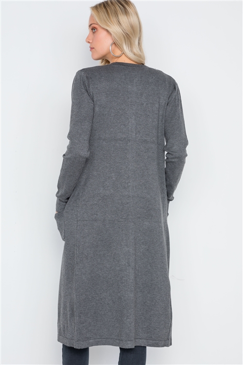 CHARCOAL BUTTON FRONT LONGLINE CARDIGAN - Addysun