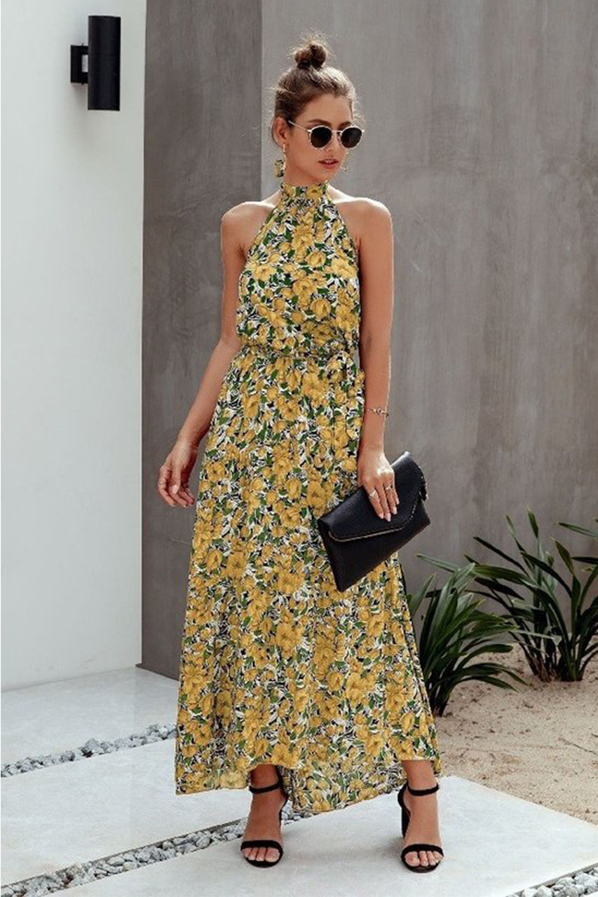 Maxi Yellow Printed Dress Addysun