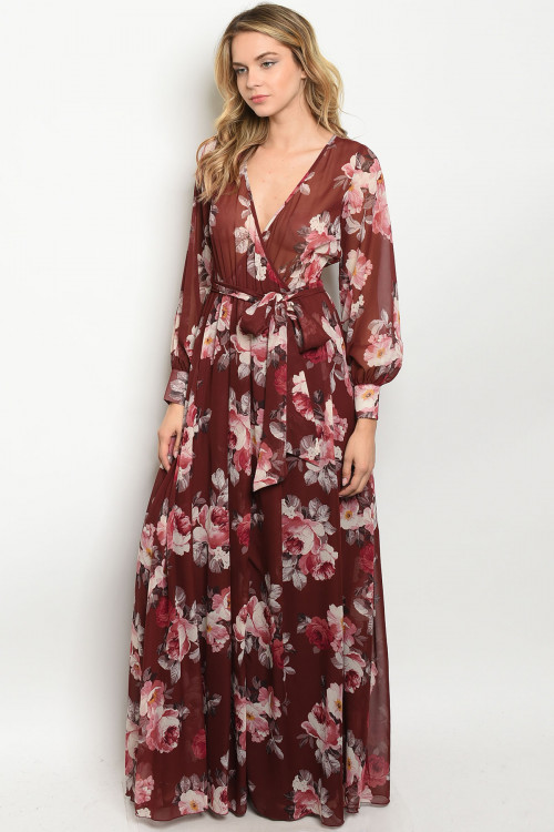 FLORAL BURGUNDY DRESS - Addysun